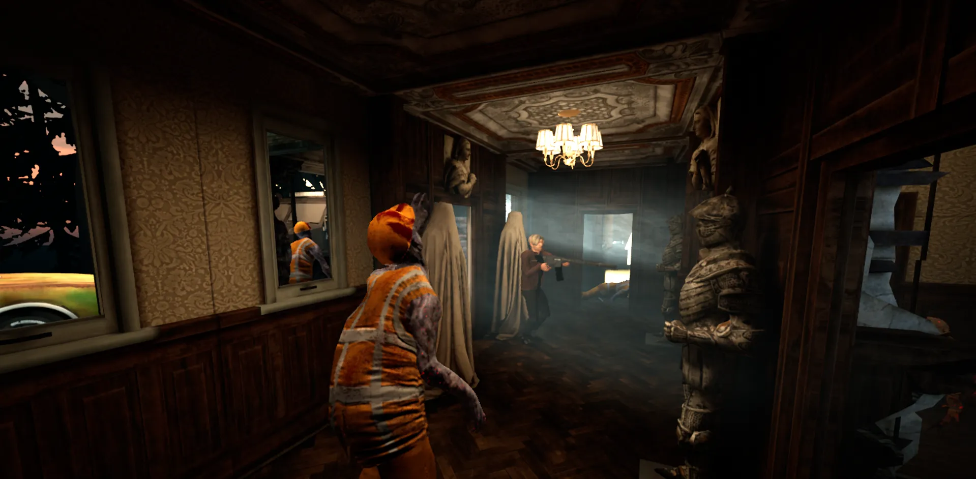 Dunkler Herrenhaus-Salon mit Zombie und Spieler aus Portal Zombie