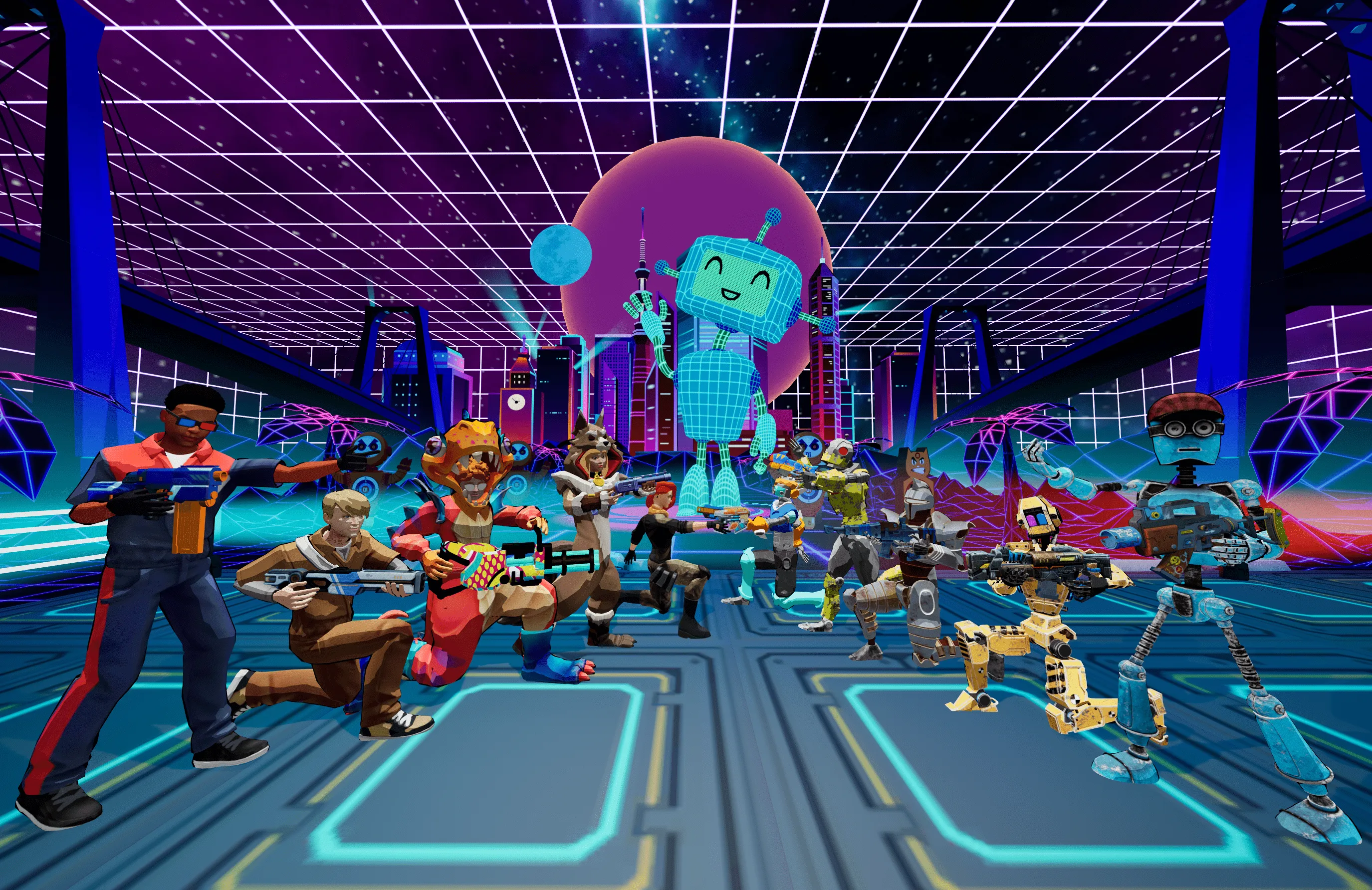 Bunte Neon-Arena mit Spielfiguren und Robotern aus Portal Arcade
